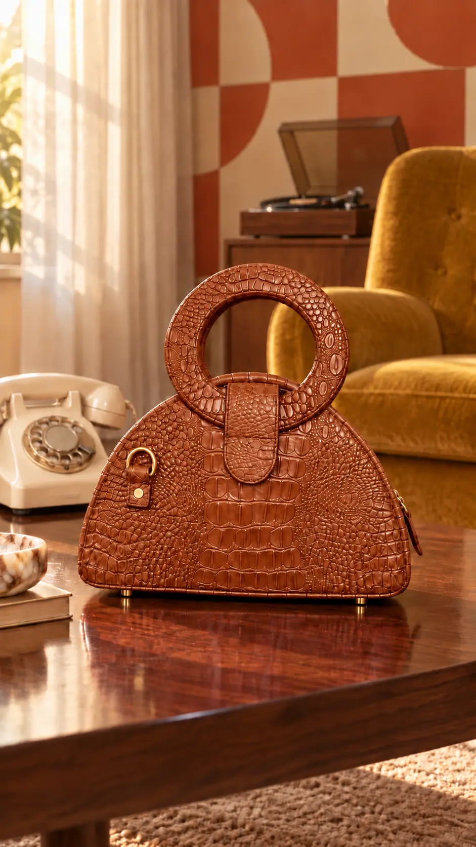 Sac cognac dans un salon rétro