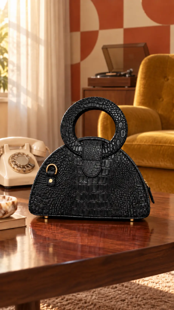 Sac noir en crocodile sur table rétro